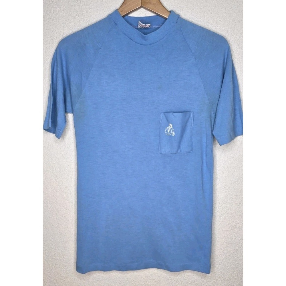 Vintage 80s Blue Shirt Sz L Single Stitch Pocket Bicycle Unisex